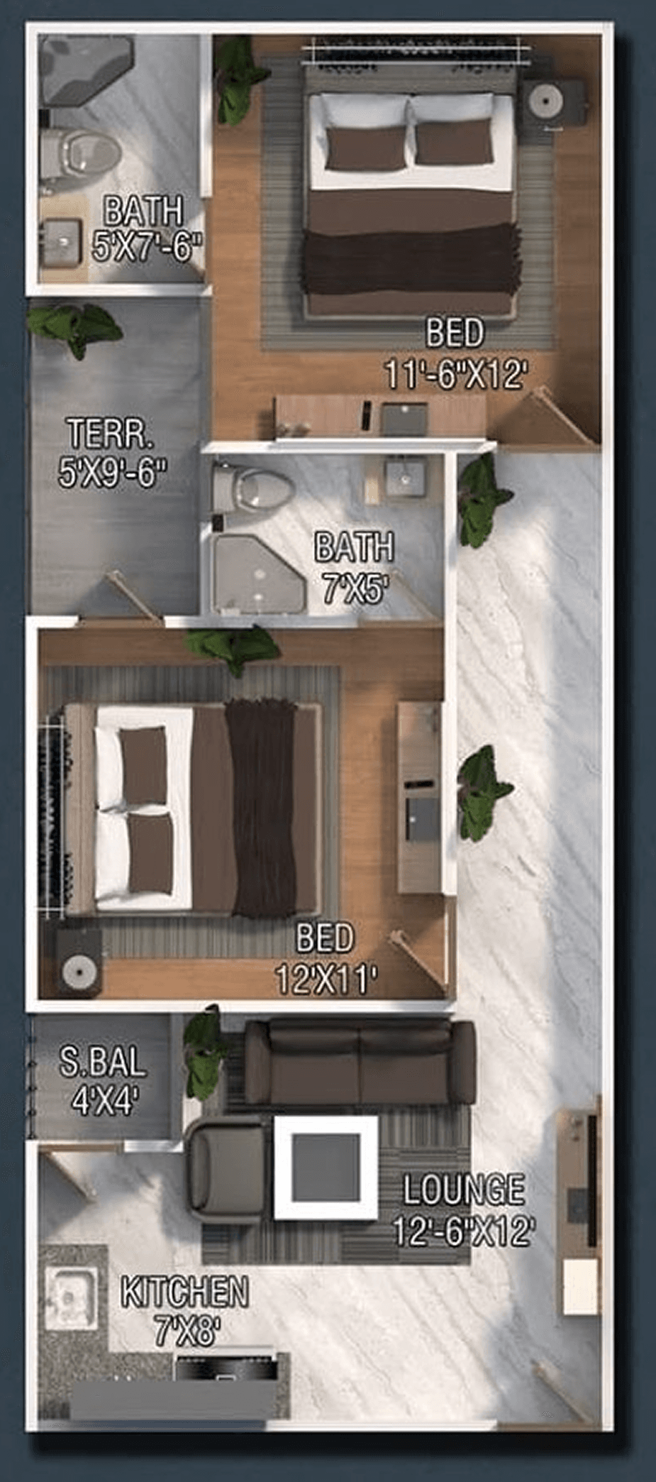 Two bed lounge apartment blueprint preview