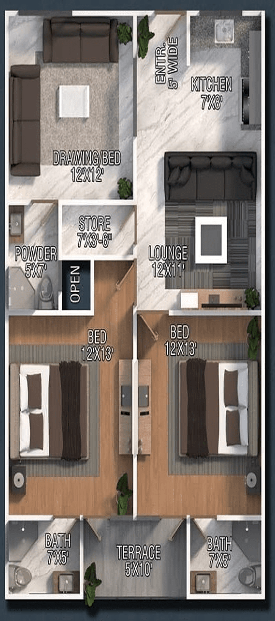 Two bed DD apartment blueprint preview