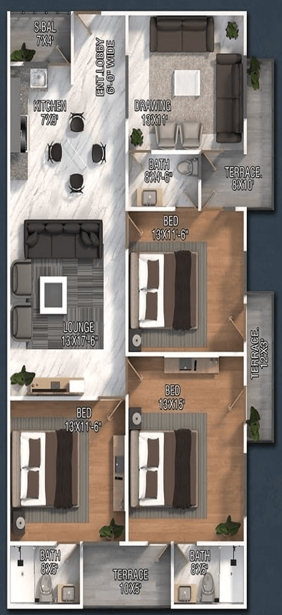 Three bed DD apartment blueprint preview